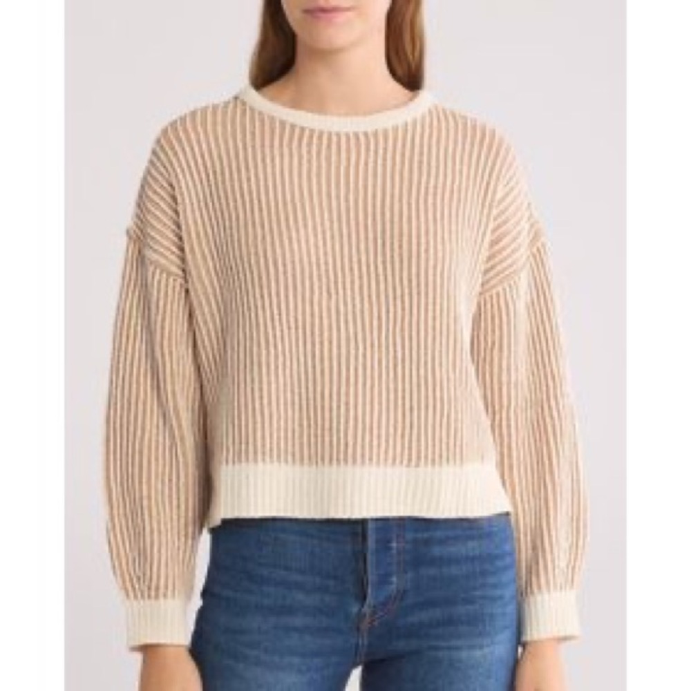 NWT Blu Pepper Women’s Natural Two-Toned Ribbed Crop Sweater Tan/Beige Crewneck